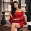 WOMENGAGA Sexy Summer Top Women's Red Mini Dress Strapless Slash Neck Flare Sleeve Temperament Base Dresses 74IQ 210603