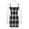 Argyle Printed Knit Short Summer Strap Dress Women Vintage Plaid Y2k Party Dresses Sleeveless Bodycon Casual Sexy Sundresses 210415