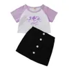 Summer Children Sets Short Sleeve Print Angle Letter T-shirt Single Breasted Black Skirt Cute Girls Boys Clothes Set 2-10T 210629