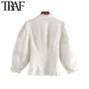Kadın Vintage Tatlı Oymak Nakış Bluzlar Moda Ruffled Yaka Üç Çeyrek Kollu Kadın Gömlek Blusa Chic Tops 210507