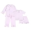 100 % Baumwoll-Seersucker, zweiteilig, Frühling, Sommer, rosa Rüschenknopf-Kinderpyjama, Jungen- und Mädchenpyjama-Sets 211023