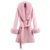 Women's Wool & Blends Big Fur Collar Woolen Coat Women Koean Fashion Dress Woman Slim Fit Sashes Winter Elegant Long Lugentolo