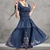 Sweet Embroidery Elastic Waist Denim Dresses for Women Vintage Square Collar Vestidos Fashion Fresh Silm Summer 210525