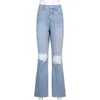 Moda Ripped Blue Flare Jeans para niñas Mujer Casual Mujer Vintage Denim Pantalones de cintura alta Pantalón Harajuku 210922