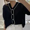 Koreanska Chic Sommar Kortärmad Knitwear Causal Vintage Elegant V-Neck Cardigans Hit Color Stickade Toppar 6H959 210603