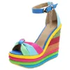 Klänning Skor Sommar Sandaler Kvinnor Kvinnors Ladies Wedges High Multicolor Patchwork Peep Toe Roman Heels UO98