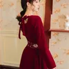Yosimi lange jurk voor vrouwen Rode vierkante kraag Volledige mouw fit en flare herfst winter borduurwerk feestjurken 210604