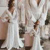 Vestidos De Mariee gasa vestido De novia línea A manga larga plisado mujeres para cuello en V precioso tren De barrido Vestidos De novia playa