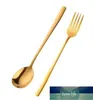 Spoons 2PC Korean Stainless Steel Dinnerware Prong Fork Rose Gold Cooffee Spoon Set Long Handle Black Ladle Kitchen Tools Factory price expert design Quality Latest