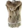 Harppihop fashion rabbit fur vest raccoon trimming knitted with hood waistcoat gilet 210902