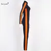 Winter Long Sleeve Side Neon Orange Stripe Bodycon Fitness Jumpsuit Women Black Zip Romper Tracksuit Overalls Bodysuit Sportwear 210709