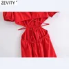 Zevity Women Chic Fashion Hollow Out Poplin Midi Dress Vintage Elastic Waist Backless Bundet Band Kvinnor Klänningar Vestidos DS8295 210603