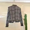 Elegant Pink Plaid Tweed Autumn Winter Women's Woolen Fringed Trim Tassels Brooch Long Sleeve Pearls Short Jacket Coat 210416