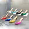 Slippers latest fashion Scuffs head slippers Rhinestone square buckle shoes women's 7cm thin high heels Luxury Satin crystal metal decorativ