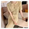 Matching Sets White O Neck Short Sleeve Lace Hollow Out Cardigan Top Thin Summer High Waist Wrap Hip Mermaid Skirt Korean Chic 210429