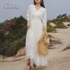 Sommar vintage långa kvinnor vit chiffong party crochet tofs tunika elegant semester strand maxi klänning 210415