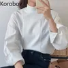 Korobov halve coltrui gebreide patchwork lange mouwen blouse vrouwen Koreaanse chique nieuwe casual losse shirts kantoor dames blusas 210430