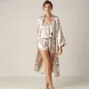 Sexy Silk Pajamas For Women Floral Print Pajamas Set Dressing Gowns 3Pcs Sleepwear Home Clothes Female Q0706