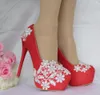 夏のファッションレースの花極端なハイヒールのパーティーの結婚式の靴花嫁の丸いつま先の白い赤いプラットフォームポンプシューズ