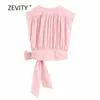 Kvinnor Sweet V Neck Hem Bow Bundet Rosa Poplin Blouse Ladies Ärmlös Plats Chic Shirts Casual Slim Femininas Tops LS6811 210420