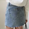 Summer Jeans Skirt Women Irregular Brushed Hem Denim High Waist Skirts Female Vintage Casual Washed Pencil Mini Skirt 210419