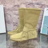 Jesień Zima Fringe Płaski Mid Calf Buty Damskie Plac Toe Retro Knight Botas 2021 Kobieta Zachodni Cowboy Boot Zapatos Mujer