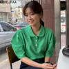 Korejpaa T-shirt da donna Corea Chic Summer Gentle Little Turntring Tre fibbie allentate Casual manica a bolle Top Pullover 210526