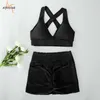 Athvotar Gym Sets Vrouwen Bubble Jacquard Tracksuit Running Fitness Shorts en Ademend Bra Sport Outfit voor Woman Y0702