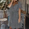 Sexy V Neck Wzburzyć Letnia Sukienka Kobiety Casual Kwiatowy Drukuj Butterfly Krótki Rękaw Suknie Eleganckie Femme Lace Up Beach Dress 210507