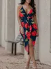 Asymmrrical Cami Party Beach Boho Женщины Цветочное платье Сексуальная Распечатать Crisscross Без спинки Ruched Y1006