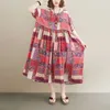 Nouveau 2021 été coton lin femmes robes Vintage Plaid imprimer vacances dame Vestido Femme grande taille plage Boho Maxi Sundr5XL X0621