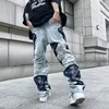 High Street Oversize Baggy Jean Hole Fringe Embroidery Pants Mens Color Block Tassel Ripped Retri Denim Trousers