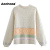 Women Casual O Neck Patchwork Cardigans Female Long Sleeve Vintage Sweater Ladies Knitted Outerwear Cardigan Coat 210413