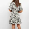 Women Floral Print Hollow Out Mini Klänning Sommar Deep V Neck Bandage Kvinna Lösa Boho A-Line Dresses Holiday Vestidos 210416