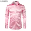 ピンクのシルクサテンの高級ドレスシャツの男性ブランドスリム長袖タキシードシャツ男性のウェディングクラブパーティーダンスプロムカミサス210629