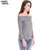 T-shirt en coton sur l'épaule Tops pour femmes Couleur grise T-shirt à manches longues Printemps Hiver Femme Vêtements T-shirts Vêtements 210416