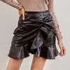 Przyjazdy Kobiety czarne marszczenia spódnice Summer Pu skórzane panie vintage High talia seksowna mini falda Mujer 2021