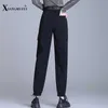 Woman Solid Color Cargo Pants Summer Loose High Waist Harem Ankle-length with Belt Pockets Personality Trousers 210915