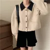 Koreaanse vintage kleur geblokkeerde gebreide vrouwen jas jas lente herfst single-breasted pockets mode dames tops jassen femme 210518