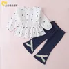 0-3Years Spring Autumn Toddler Infant Kid Baby Girl Clothes Set Heart Ruffles Long Sleeve Top Flare Pants Jeans Outfits 210515