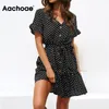 Aachoae Women Summer Beach Dress Casual Krótki Rękaw Dress Dress Boho Mini Party Dress Elegant V Neck Sundress Vestidos X0521