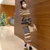 Stripe Długi Dziania Koreańskie Panie Zima Z Długim Rękawem Stojak Przyczynowy Maxi Ciepła sukienka dla kobiet Chiny Odzież 210602
