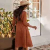 Polka Dot Ladies Elegante Dress Abito Lungo Delle Donne Donne Pulsante Pulsante Sash Maxi Chiffon Vintage Caramel Autunno 210427