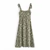 Vintage Green Floral Print Slip Kleid Frauen Sommer Elegante Schlanke Träger Mini Frau Elastische Taille Split Saum Vestidos 210430