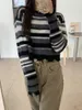 Jumpers Pullovers Thin Loose Long Sleeve O Neck Striped Knitted Sweater Irregular Hole Korean Chic Sweet Crop Tops Pull Gentle 210429