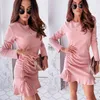 Frauen Bleistift Kleid Herbst Casual O Hals Langarm Schrumpfung Kordelzug Spitze Up Rüschen Rosa Kleid Sexy Schlanke Hüften Mini kleider 210507