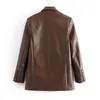 Стильный PU Faux кожаный карманный пиджак пальто женские мода двойной грудью с длинным рукавом женские пиджаки верхняя одежда Chic Tops 210430