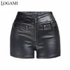 Logami Cintura alta Pu Couro Mulheres Zipper Moto Biker Shorts Skinny Preto Verão Outono