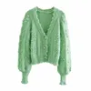 Cardigan femmes vert texturé tissage recadrée pull tricoté automne col en v bouffée à manches longues boutonné vêtements d'extérieur 210519