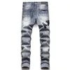 Indigo Blue Ripped Patch Mens Jeans Fashion Slim Fit Washed Motorcycle Denim Pants Panelled Hip Hop Stretch Trousers